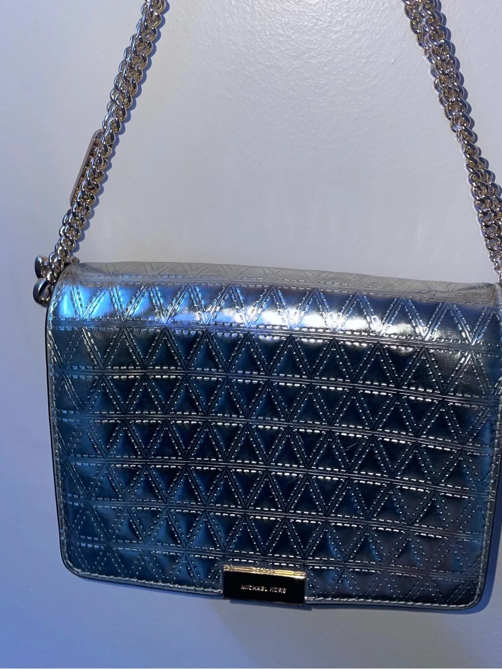 Michael Kors Metallic Silver Geometric Quilted Convertible Crossbody Bag – Gold